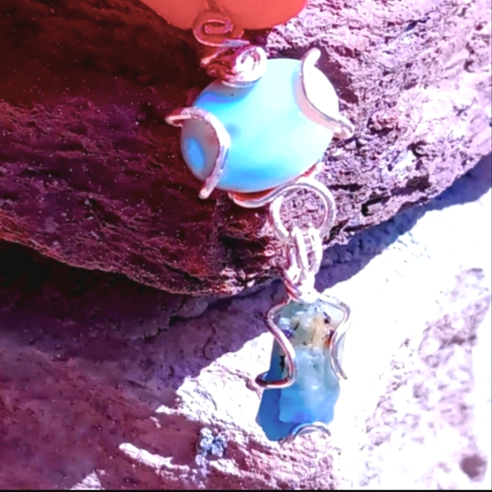 Australian Opal And Raw Aquamarine Pendant Sterling Silver - Picture 2 of 15